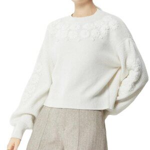 Sylphide Elodie Floral Crochet Cream Knit Wool Sweater Puff Sleeves Pullover
